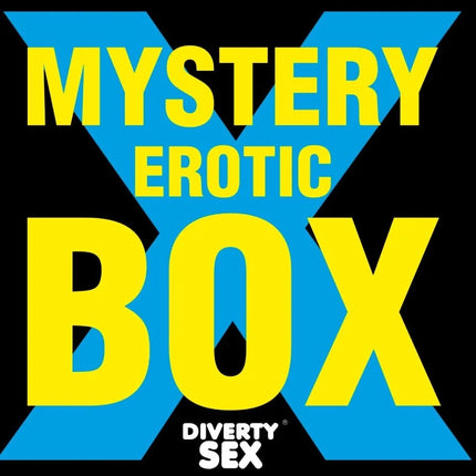 Gelbe und blaue mystery erotic box mit logo und brand name diverty sex für diablo picante erotiker-überraschungsbox für ihn 10 x 10