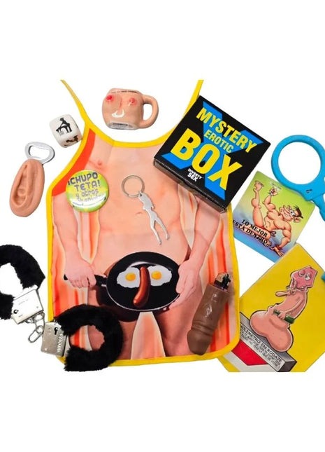 Novelty apron in diablo picante erotiker-überraschungsbox für ihn 10 x 10 with cartoon man holding frying pan eggs sausage