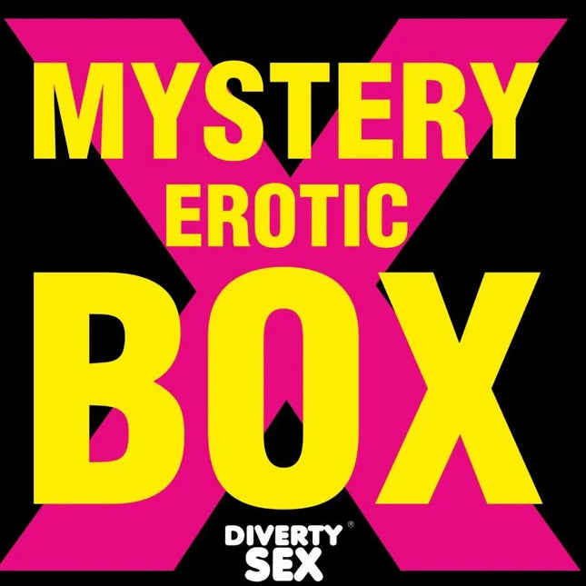 Mystery erotic box diabolo picante von diverty sex mit kräftiger gelber und magentafarbener typografie auf schwarzem grund