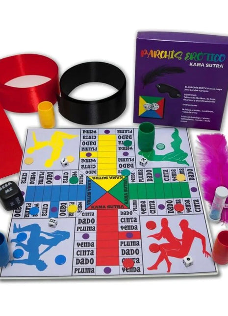 Lila box parchís erotico kama sutra mit buntem spielbrett und accessoires im produkt diablo picante erotischer aufnhmer