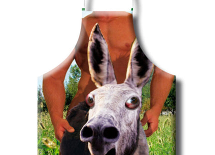 Diablo picante eselschürze mit buntem cartoon-esel und idyllischer landschaft auf robustem stoff