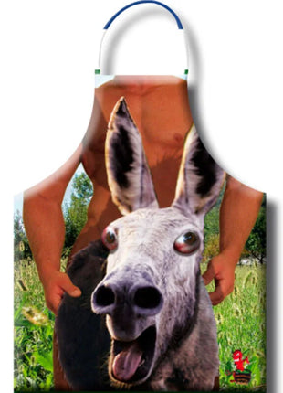 Diablo picante eselschürze mit buntem cartoon-esel und idyllischer landschaft auf robustem stoff