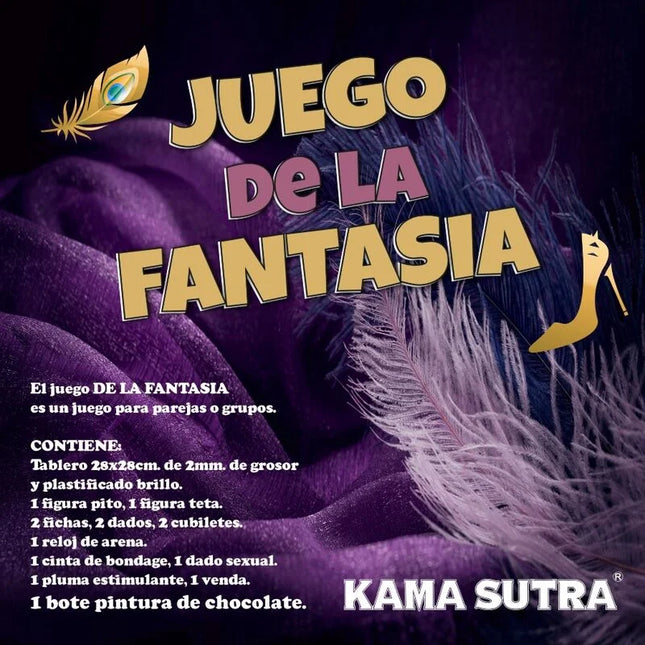 Diablo picante fantasies-spiel von kama sutra mit lila federspielbrett und gold-pinkem text