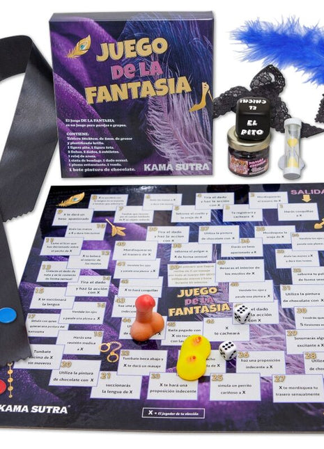 Brettspiel juego de la fantasía von kama sutra mit nummeriertem spielfeld und bunten spielsteinen zum fantasiespiel diablo picante