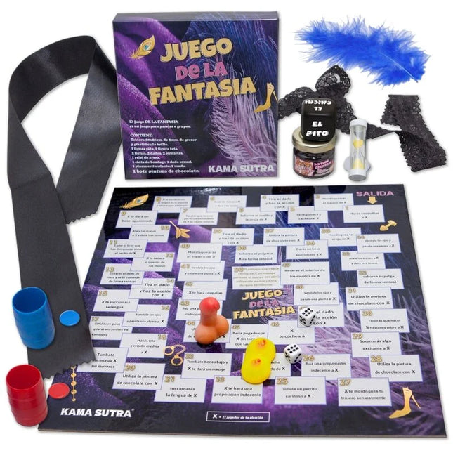 Brettspiel juego de la fantasía von kama sutra mit nummeriertem spielfeld und bunten spielsteinen zum fantasiespiel diablo picante