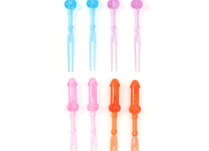 Set aus 8 farbigen plastik novelty gabeln in blau pink und orange für diabolo picante penis-spieße
