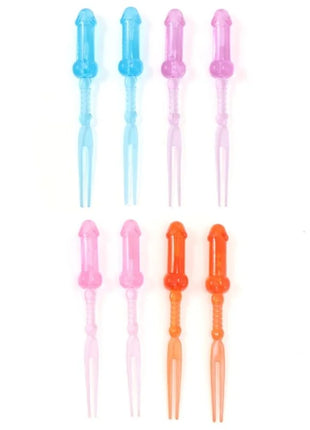 Set aus 8 farbigen plastik novelty gabeln in blau pink und orange für diabolo picante penis-spieße