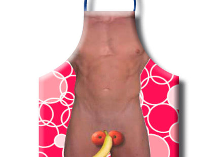 Eine lebhafte pinke herren-fruchtschürze mit kräftigem kreismuster und lustiger grafik eines muskulösen torsos mit obst