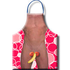 Eine lebhafte pinke herren-fruchtschürze mit kräftigem kreismuster und lustiger grafik eines muskulösen torsos mit obst