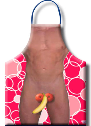 Eine lebhafte pinke herren-fruchtschürze mit kräftigem kreismuster und lustiger grafik eines muskulösen torsos mit obst