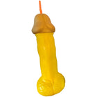 Gelber plastiktrinkhalm mit orangefarbenem verschluss aus dem produkt diablo picante gelbe penisbecher