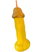 Gelber plastiktrinkhalm mit orangefarbenem verschluss aus dem produkt diablo picante gelbe penisbecher