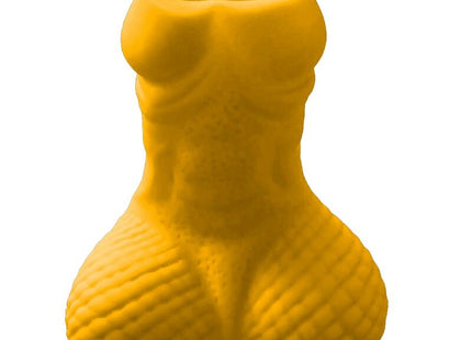 Gelbes silikon schnapsglas diablo picante in novelty form eines menschlichen torsos mit gerundetem, texturiertem po