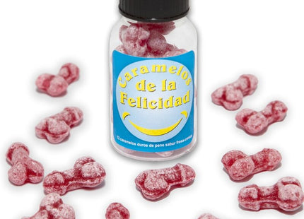 Ein klares glas mit schwarzem deckel enthält rosa bonbons in knochenform und trägt das etikett caramelos de la felicidad