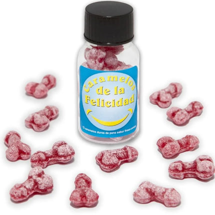 Ein klares glas mit schwarzem deckel enthält rosa bonbons in knochenform und trägt das etikett caramelos de la felicidad
