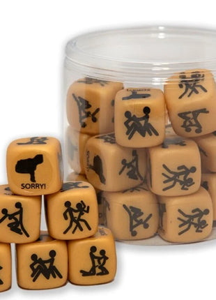 Tanfarbene plastikwürfel mit schwarzen chinesischen zeichen und sorry auf einer seite in klarem zylinderbehälter diablo picante goldene liebewürfelpositionen
