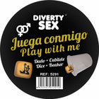 Schwarze runde verpackung für das diverty sex würfel- und becherspiel diablo picante mit gelber schrift weißer symbole und tanfarbenem würfel