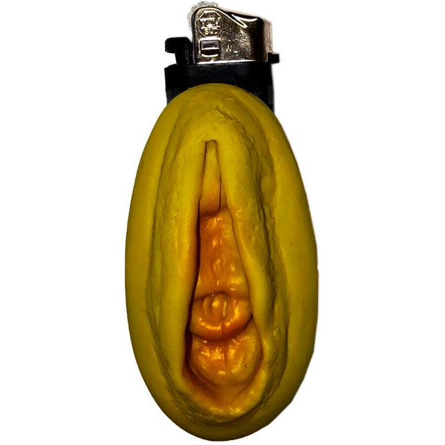 Gelber silikon bananen leichter mit metall top und schwarzen akzenten im produkt diablo picante goldfarbige leichtere vagina