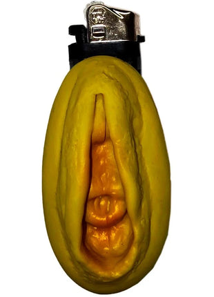 Gelber silikon bananen leichter mit metall top und schwarzen akzenten im produkt diablo picante goldfarbige leichtere vagina