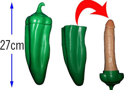 Grüner plastik-pfefferförmiger spielzeug mit einem beige farbigen inneneinsatz diablo picante product