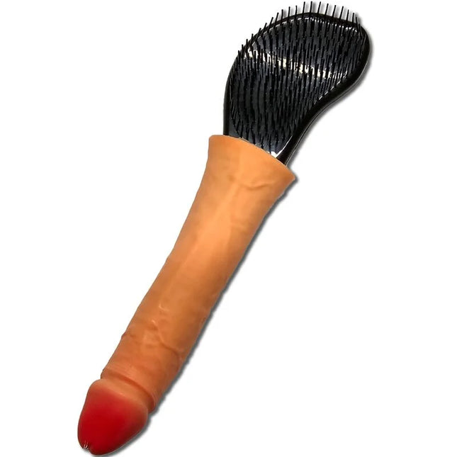 Orange silikon haarbürste diablo picante mit schwarzen borsten und penis an der spitze
