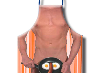 Humorvolle diablo picante herren-spiegelei-schürze mit muskulösem mann und orangem gestreiftem hintergrund
