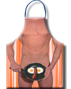 Humorvolle diablo picante herren-spiegelei-schürze mit muskulösem mann und orangem gestreiftem hintergrund