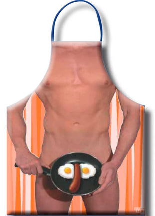 Humorvolle diablo picante herren-spiegelei-schürze mit muskulösem mann und orangem gestreiftem hintergrund