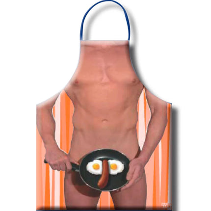 Humorvolle diablo picante herren-spiegelei-schürze mit muskulösem mann und orangem gestreiftem hintergrund