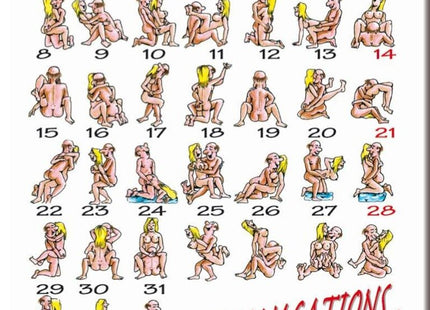 Ein diabolo picante kamasutra-kalender magnet mit cartoonillustrationen nuder paare und dem text sexy vacations