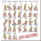 Ein diabolo picante kamasutra-kalender magnet mit cartoonillustrationen nuder paare und dem text sexy vacations