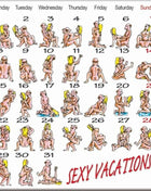 Ein diabolo picante kamasutra-kalender magnet mit cartoonillustrationen nuder paare und dem text sexy vacations