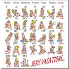 Ein diabolo picante kamasutra-kalender magnet mit cartoonillustrationen nuder paare und dem text sexy vacations
