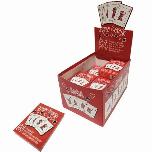 Roter karton für sexy cards spielkarten mit roten und weißen illustrationen vorne diablo picante kamasutra pokerdeck
