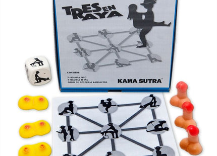 Diablo picante kamasutra tres en raya spiel mit blauem karton, weißem spielraster, schwarz-grauen figuren und orangen-gelben teilen