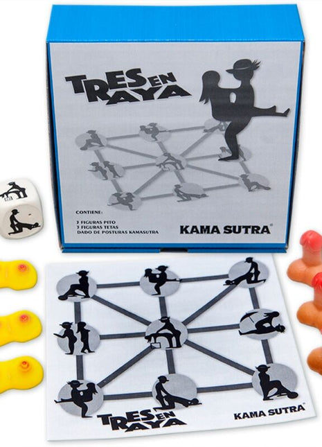 Diablo picante kamasutra tres en raya spiel mit blauem karton, weißem spielraster, schwarz-grauen figuren und orangen-gelben teilen