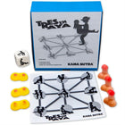 Diablo picante kamasutra tres en raya spiel mit blauem karton, weißem spielraster, schwarz-grauen figuren und orangen-gelben teilen