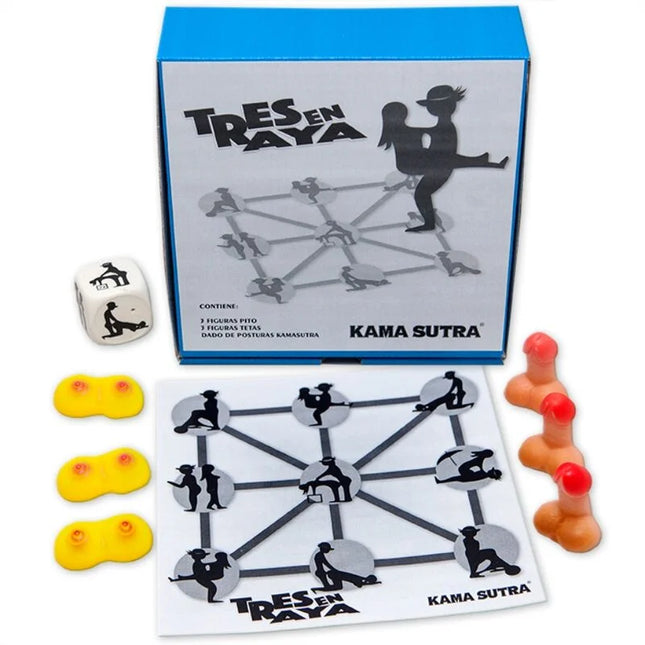 Diablo picante kamasutra tres en raya spiel mit blauem karton, weißem spielraster, schwarz-grauen figuren und orangen-gelben teilen