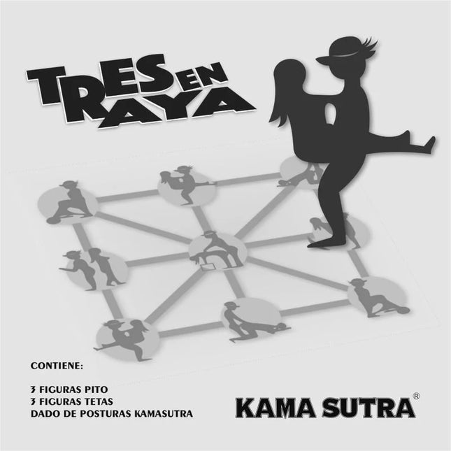 Schwarze silhouette eines tanzenden paares auf dem tres en raya spielbrett von diablo picante kamasutra tic tac toe
