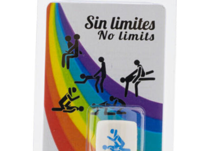 Weißer würfel mit blauem paar-silhouetten in intimer pose verpackt in plastik mit regenbogen-hintergrund und sin limites text
