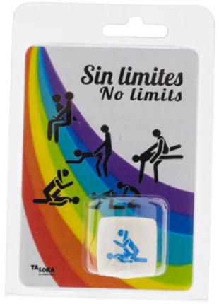 Weißer würfel mit blauem paar-silhouetten in intimer pose verpackt in plastik mit regenbogen-hintergrund und sin limites text