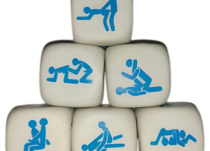 Weiße sechseitige würfel mit blauen kamasutra-silhouetten für spaßige erwachsenen spiele von diablo picante