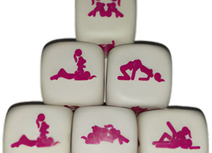 Weißes kamasutra-würfelspiel diablo picante mit rosa paar-silhouetten in verschiedenen intimen posen für mädchen