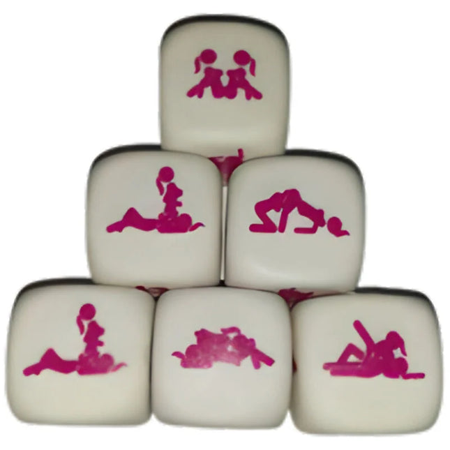 Weißes kamasutra-würfelspiel diablo picante mit rosa paar-silhouetten in verschiedenen intimen posen für mädchen