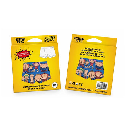 Hellgelbe verpackung für verstellbare lycra boxershorts mit diablo picante cartoonmotiven mehrerer karaktere mit übertriebenem hintern auf blauem hintergrund