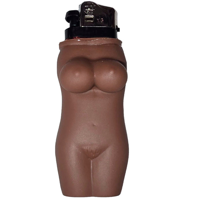 Braune silikonfigur in frauentorsoform mit schwarzem feuerzeug oben im produkt diablo picante leichterer fleischkörper für frauen mulatte