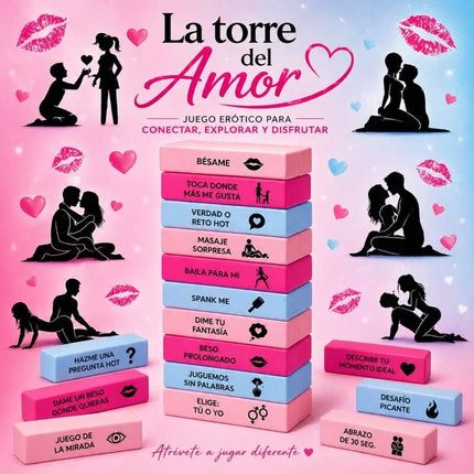 Ein stapel bunter rechteckiger spielsteine in pink und hellblau mit schwarzem text und symbolen für diabolo picante liebessäulenspiel spanische version