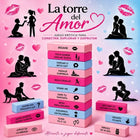 Ein stapel bunter rechteckiger spielsteine in pink und hellblau mit schwarzem text und symbolen für diabolo picante liebessäulenspiel spanische version