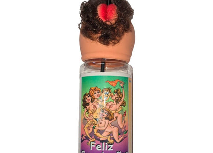 Klarer plastikbecher mit tanzenden figuren und text feliz cumpleaños, novelty deckel mit kopf und herz, diabolo picante 750 ml