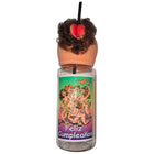 Klarer plastikbecher mit tanzenden figuren und text feliz cumpleaños, novelty deckel mit kopf und herz, diabolo picante 750 ml